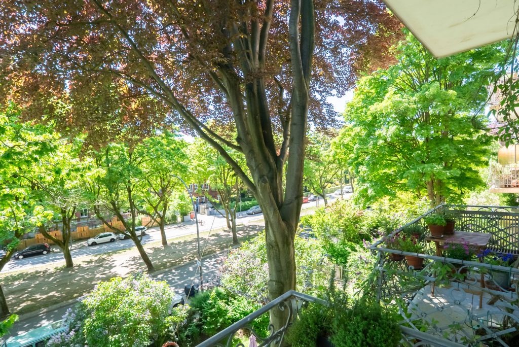 Immobilienfotografie Hamburg, Blick von einem Altbau-Balkon nach draußen auf eine Allee